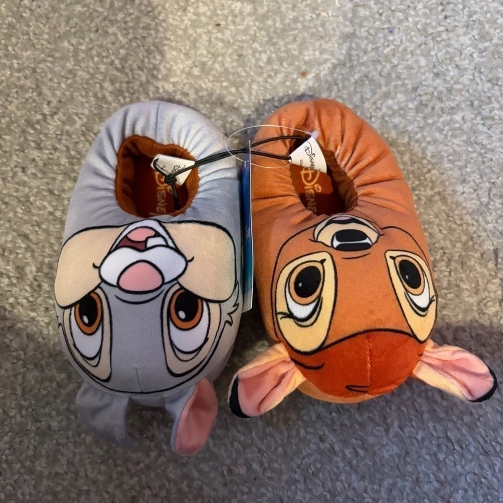 Disney Slippers NEW Bambi Thumper 5-6 7-8 9-10 Brown Gray Kids Plush Rabbit Deer